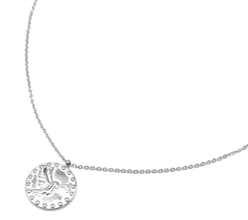 Collier-Fine-Chaine-avec-Medaille-Martelee-Colombe-et-Points-Acier-Argente