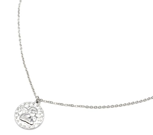 Collier-Fine-Chaine-avec-Medaille-Martelee-Ange-et-Points-Acier-Argente