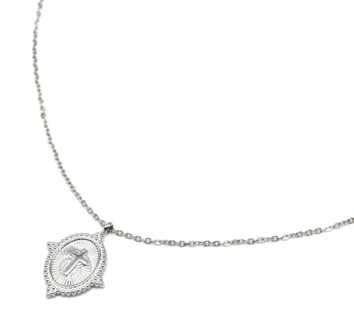 Collier-Fine-Chaine-avec-Medaille-Rayons-Croix-Contour-Points-Acier-Argente