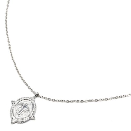 Collier-Fine-Chaine-avec-Medaille-Rayons-Croix-Contour-Points-Acier-Argente