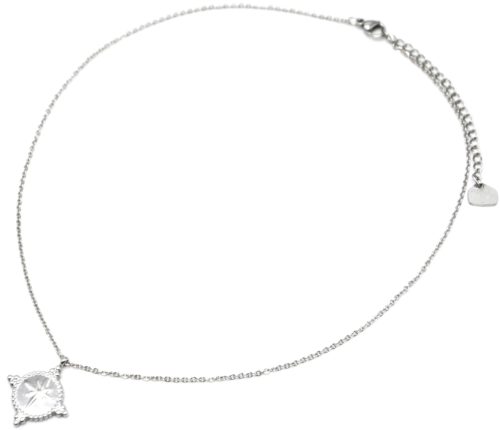 Collier-Fine-Chaine-avec-Cercle-Etoile-Polaire-Contour-Points-Acier-Argente