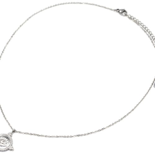 Collier-Fine-Chaine-avec-Cercle-Oeil-Contour-Points-Acier-Argente
