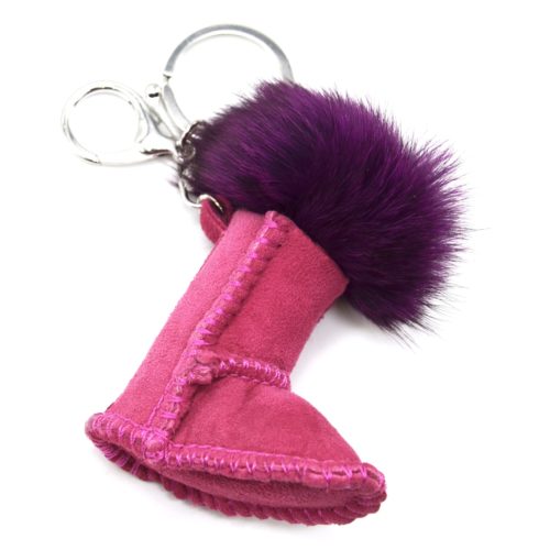 Porte-Cles-Bijou-de-Sac-Bottine-Boot-Effet-Daim-avec-Pompon-Violet