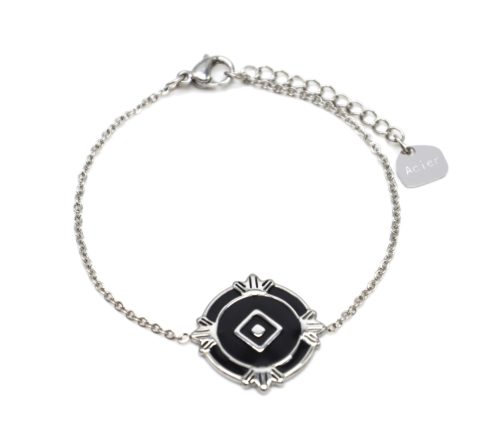 Bracelet-Fine-Chaine-avec-Medaille-Email-Noir-Losange-et-Motifs-Acier-Argente