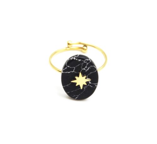 Bague-Reglable-Acier-Dore-avec-Pierre-Ovale-Effet-Marbre-Noir-Motif-Etoile-Polaire