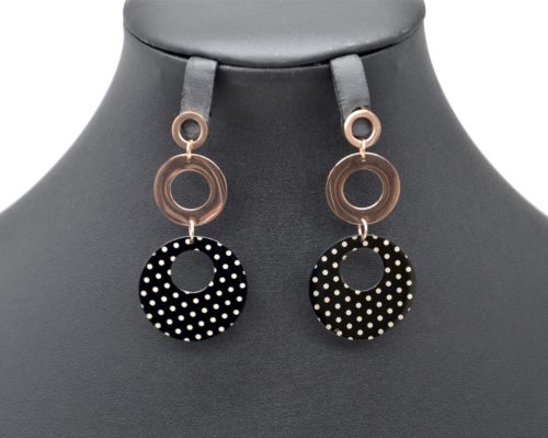 Boucles-dOreilles-Pendantes-Triple-Cercles-Acier-Or-Rose-Noir-Motif-Petits-Pois