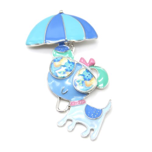 Broche-Chien-Metal-Peint-Bleu-avec-Parasol-et-Lunettes-de-Soleil