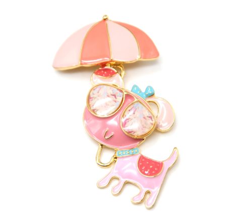 Broche-Chien-Metal-Peint-Corail-avec-Parasol-et-Lunettes-de-Soleil