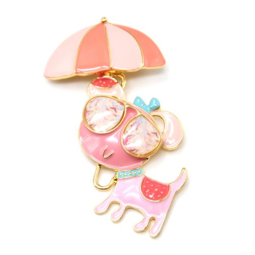 Broche-Chien-Metal-Peint-Corail-avec-Parasol-et-Lunettes-de-Soleil