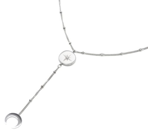 Collier-Fine-Chaine-Boules-Y-avec-Cercle-Etoile-Polaire-et-Corne-Acier-Argente