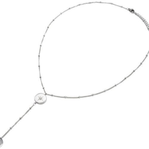 Collier-Fine-Chaine-Boules-Y-avec-Cercle-Etoile-Polaire-et-Corne-Acier-Argente