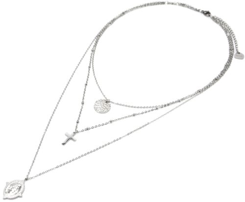 Collier-Triple-Chaine-avec-Cercle-Martele-Croix-et-Vierge-Marie-Acier-Argente