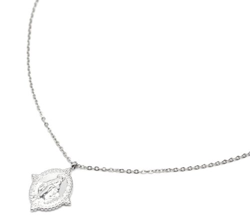 Collier-Fine-Chaine-avec-Medaille-Vierge-Marie-Contour-Points-Acier-Argente