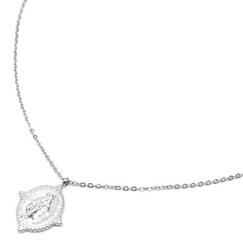 Collier-Fine-Chaine-avec-Medaille-Vierge-Marie-Contour-Points-Acier-Argente