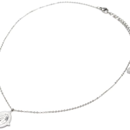 Collier-Fine-Chaine-avec-Medaille-Vierge-Marie-Contour-Points-Acier-Argente