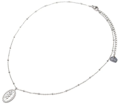 Collier-Chaine-Boules-avec-Ovale-Martele-Triple-Points-Acier-Argente