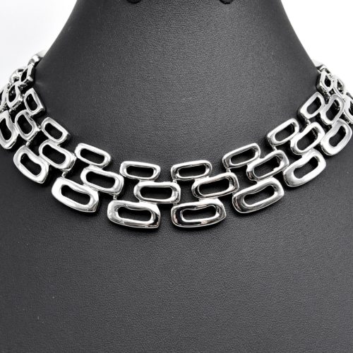 Collier-Plastron-Tour-de-Cou-Maillons-Rectangles-Ouverts-Metal-Argente