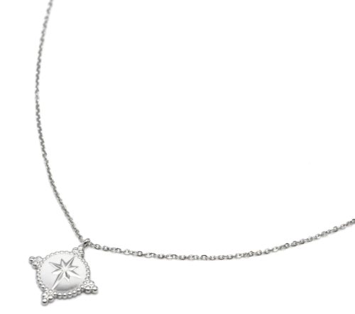 Sautoir-Collier-Fine-Chaine-avec-Cercle-Etoile-Polaire-Contour-Points-Acier-Argente