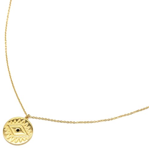 Sautoir-Collier-Fine-Chaine-avec-Medaille-Gravee-Oeil-Acier-Dore