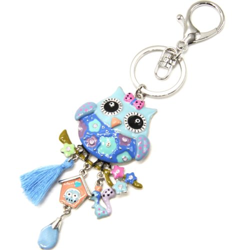 Porte-Cles-Bijou-de-Sac-Hibou-Metal-Peint-Bleu-avec-Fleurs-Charms-et-Pompon