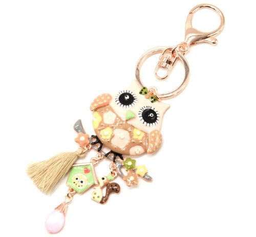 Porte-Cles-Bijou-de-Sac-Hibou-Metal-Peint-Beige-avec-Fleurs-Charms-et-Pompon