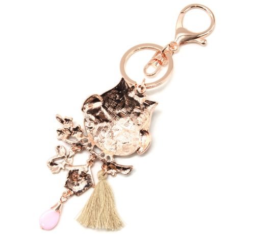 Porte-Cles-Bijou-de-Sac-Hibou-Metal-Peint-Beige-avec-Fleurs-Charms-et-Pompon