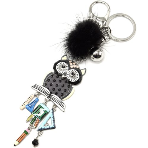 Porte-Cles-Bijou-de-Sac-Hibou-Metal-Peint-Gris-avec-Charms-et-Pompon-Noir