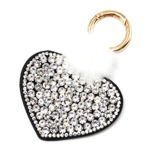 Porte-Cles-Bijou-de-Sac-Coeur-XXL-Strass-Feutrine-Blanc-Noir-et-Pompon