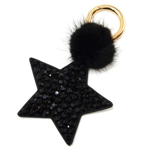 Porte-Cles-Bijou-de-Sac-Etoile-XXL-Strass-Feutrine-Noir-et-Pompon