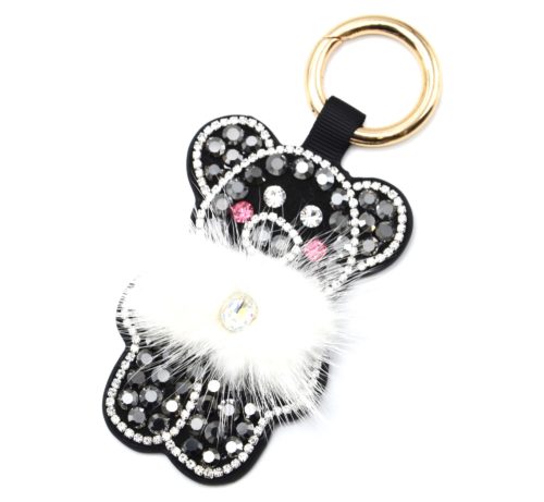 Porte-Cles-Bijou-de-Sac-Cochon-XXL-Strass-Feutrine-Gris-Noir-et-Pompon-Blanc