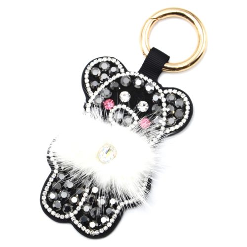 Porte-Cles-Bijou-de-Sac-Cochon-XXL-Strass-Feutrine-Gris-Noir-et-Pompon-Blanc