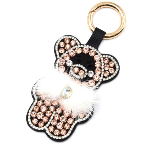 Porte-Cles-Bijou-de-Sac-Cochon-XXL-Strass-Feutrine-Rose-Nude-Noir-et-Pompon-Blanc