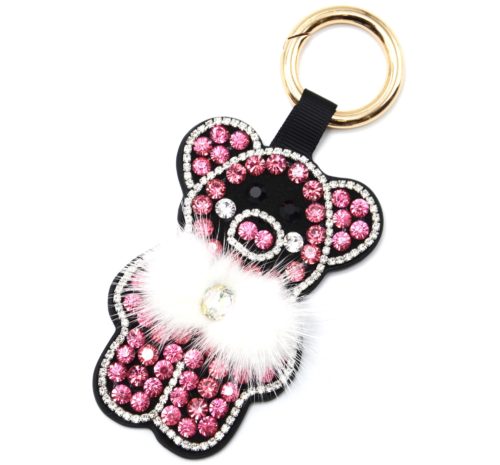 Porte-Cles-Bijou-de-Sac-Cochon-XXL-Strass-Feutrine-Rose-Noir-et-Pompon-Blanc