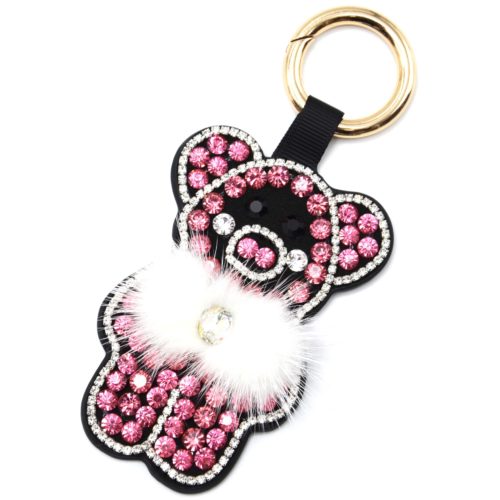 Porte-Cles-Bijou-de-Sac-Cochon-XXL-Strass-Feutrine-Rose-Noir-et-Pompon-Blanc