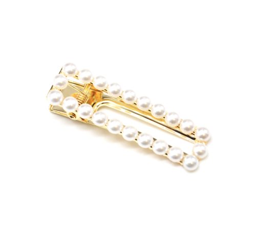 Barrette-Pince-Cheveux-Rectangle-Metal-Dore-avec-Contour-Perles-Ecru