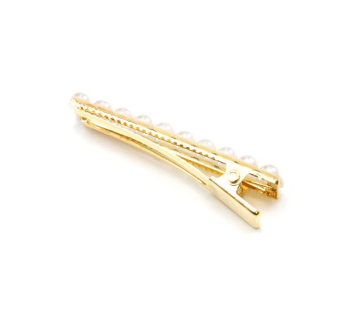 Barrette-Pince-Cheveux-Rectangle-Metal-Dore-avec-Contour-Perles-Ecru