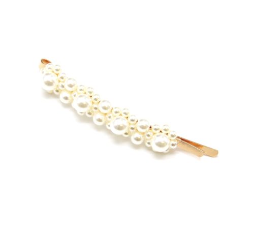 Barrette-Cheveux-Metal-Dore-avec-Fleurs-Perles-Alternees-Ecru