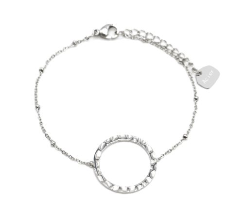 Bracelet-Chaine-Boules-avec-Charm-Cercle-Contour-Martele-Acier-Argente