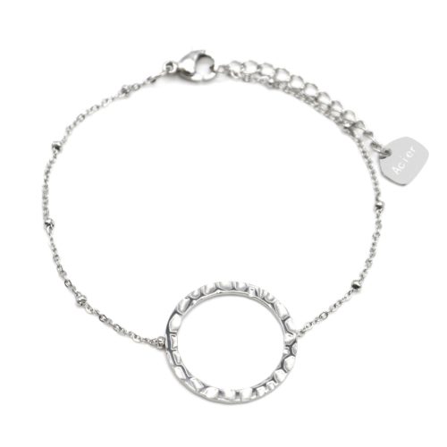 Bracelet-Chaine-Boules-avec-Charm-Cercle-Contour-Martele-Acier-Argente