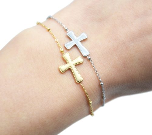 Bracelet-Chaine-Boules-avec-Charm-Croix-Contour-Points-Acier