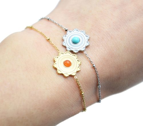 Bracelet-Chaine-Boules-avec-Charm-Soleil-Acier-et-Pierre-Couleur