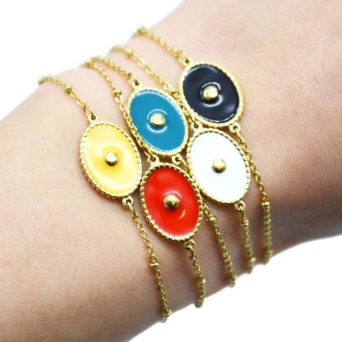 Bracelet-Chaine-Boules-Acier-Dore-avec-Ovale-Email-Couleur-Motif-Point