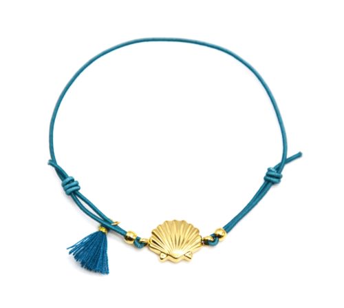 Bracelet-Elastique-Bleu-avec-Charm-Coquillage-Acier-Dore-et-Pompon