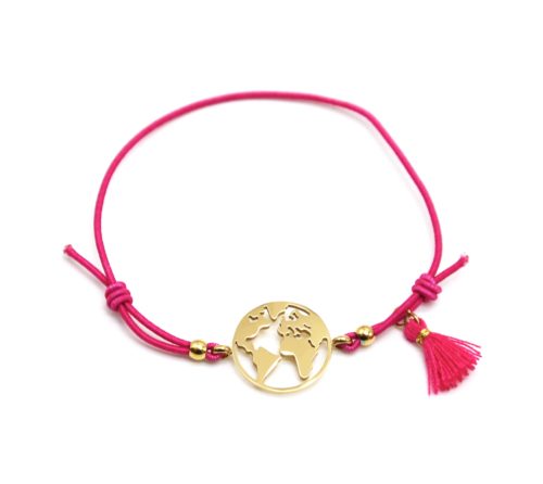 Bracelet-Elastique-Fuchsia-avec-Charm-Globe-Acier-Dore-et-Pompon