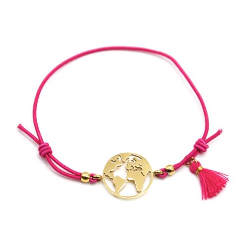 Bracelet-Elastique-Fuchsia-avec-Charm-Globe-Acier-Dore-et-Pompon