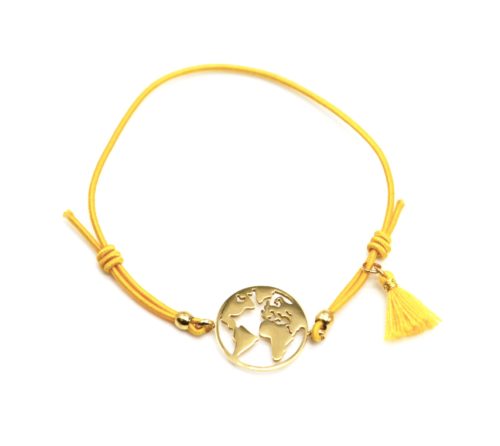 Bracelet-Elastique-Moutarde-avec-Charm-Globe-Acier-Dore-et-Pompon