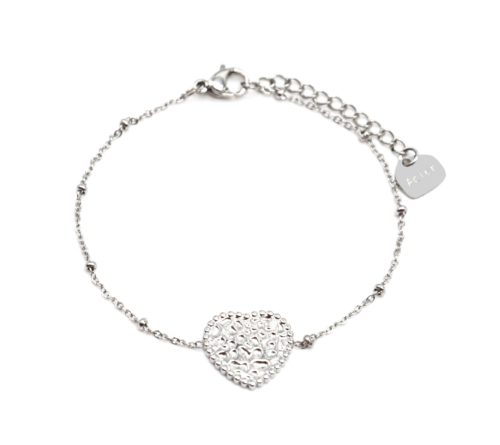 Bracelet-Chaine-Boules-avec-Charm-Coeur-Martele-Acier-Argente