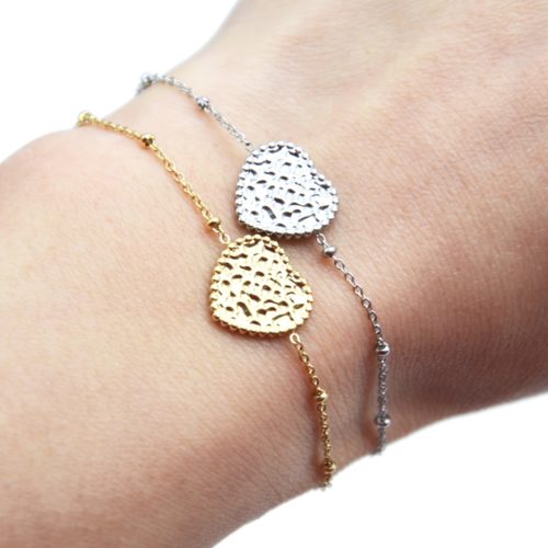 Bracelet-Chaine-Boules-avec-Charm-Coeur-Martele-Acier