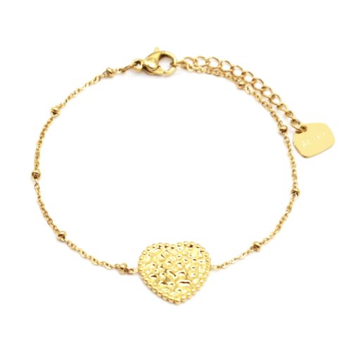 Bracelet-Chaine-Boules-avec-Charm-Coeur-Martele-Acier-Dore