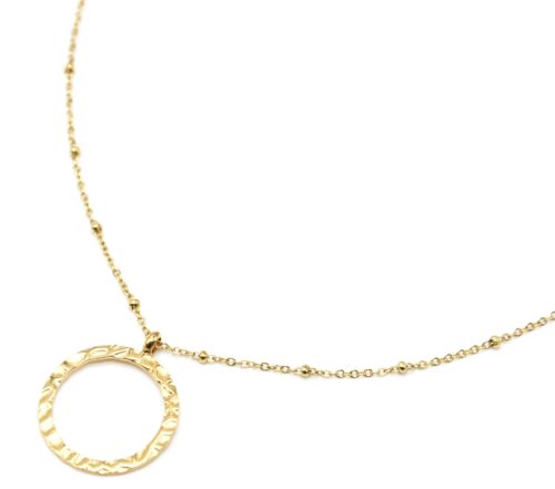 Collier-Chaine-Boules-Pendentif-Cercle-Contour-Martele-Acier-Dore